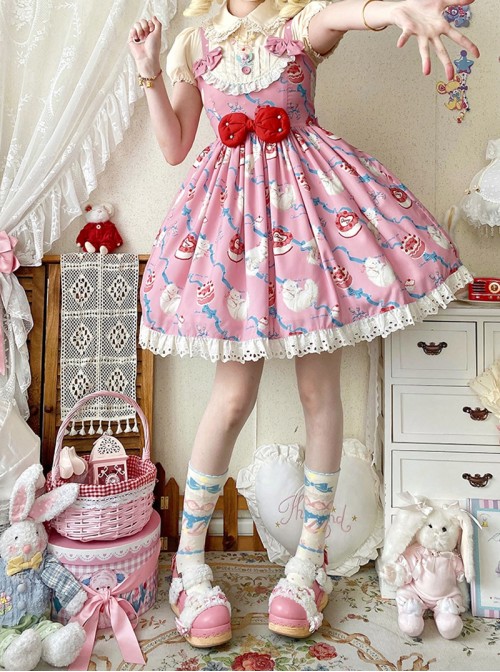 Ribbon Cat Series Sweet Lolita Lace Saliva Bag Ruffle Japanese Showa Bowknot Sleeveless Dress