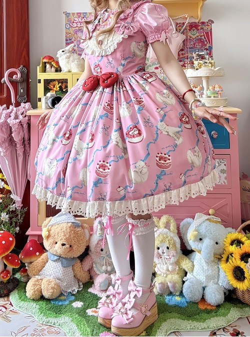 Ribbon Cat Series Sweet Lolita Lace Saliva Bag Ruffle Japanese Showa Bowknot Sleeveless Dress