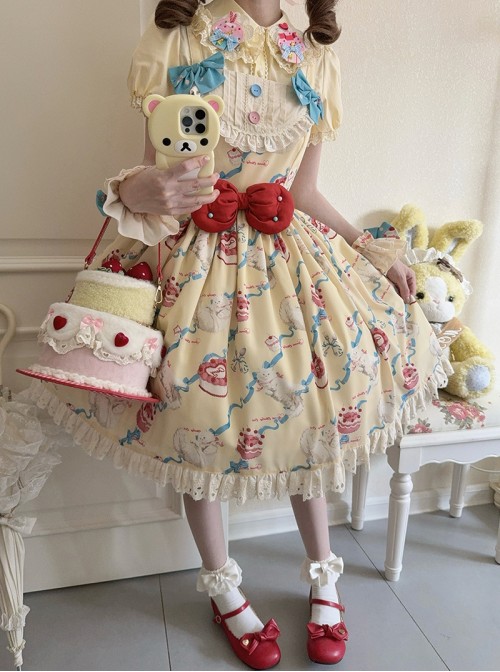 Ribbon Cat Series Sweet Lolita Lace Saliva Bag Ruffle Japanese Showa Bowknot Sleeveless Dress