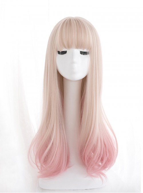 Creamy Pink Gradient Color Sweet Lolita Cute Soft Ombre Straight Bangs Long Straight Wig