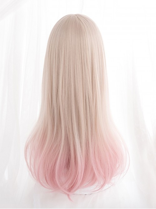 Creamy Pink Gradient Color Sweet Lolita Cute Soft Ombre Straight Bangs Long Straight Wig