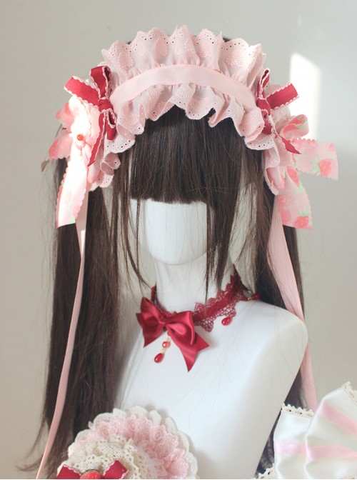 Strawberry Fantasy Series Sweet Lolita Light Pink Wide Ruffles Lace Bowknot Headband