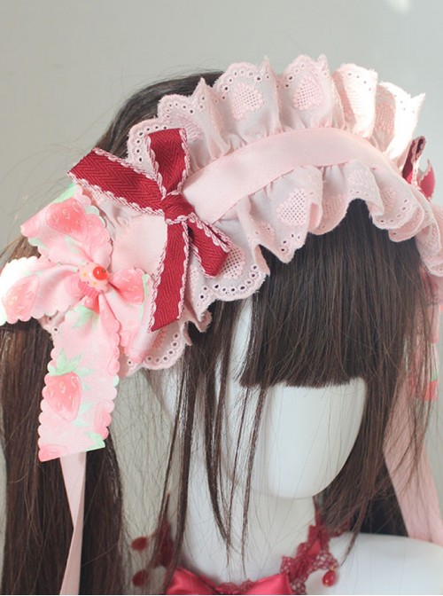 Strawberry Fantasy Series Sweet Lolita Light Pink Wide Ruffles Lace Bowknot Headband