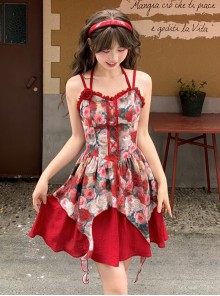 Elegant French Kawaii Fashion Romantic Red Rose Print Lace Chic Ruffles Halter Dress