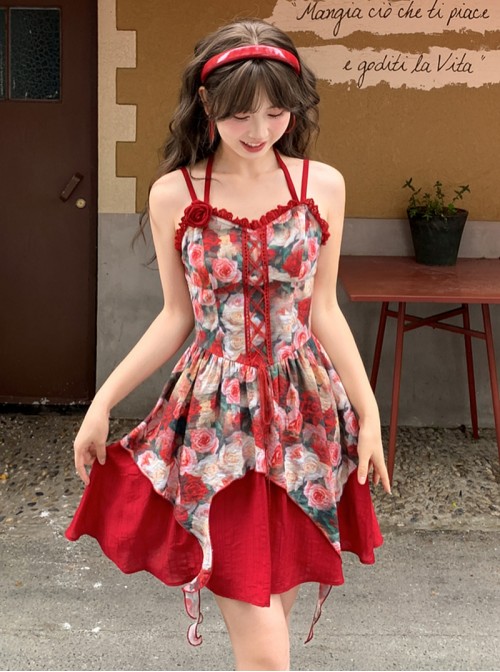 Elegant French Kawaii Fashion Romantic Red Rose Print Lace Chic Ruffles Halter Dress