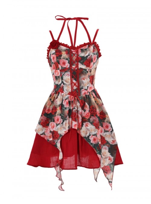Elegant French Kawaii Fashion Romantic Red Rose Print Lace Chic Ruffles Halter Dress