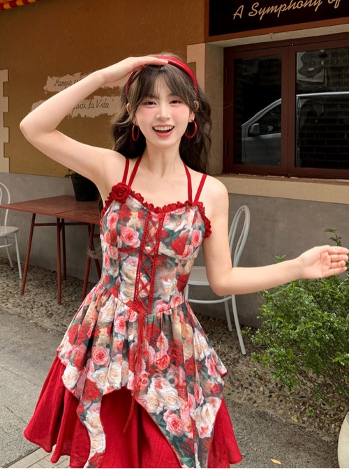 Elegant French Kawaii Fashion Romantic Red Rose Print Lace Chic Ruffles Halter Dress