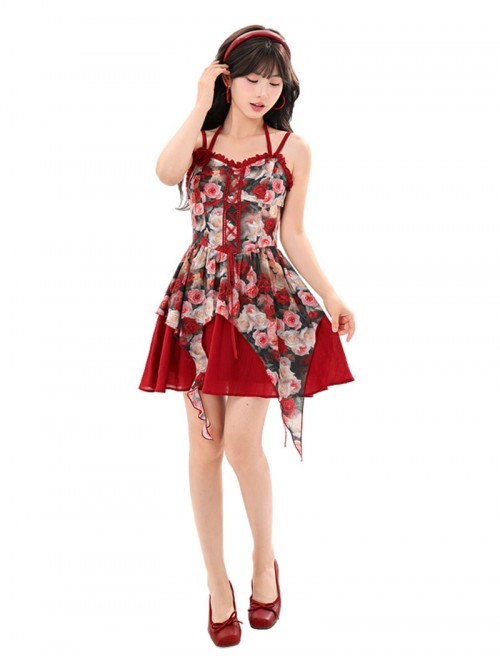 Elegant French Kawaii Fashion Romantic Red Rose Print Lace Chic Ruffles Halter Dress