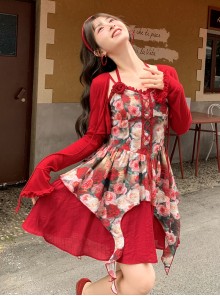 Summer Elegant French Daily Kawaii Fashion Romantic Red Tie V Neck Long Sleeve Cardigan