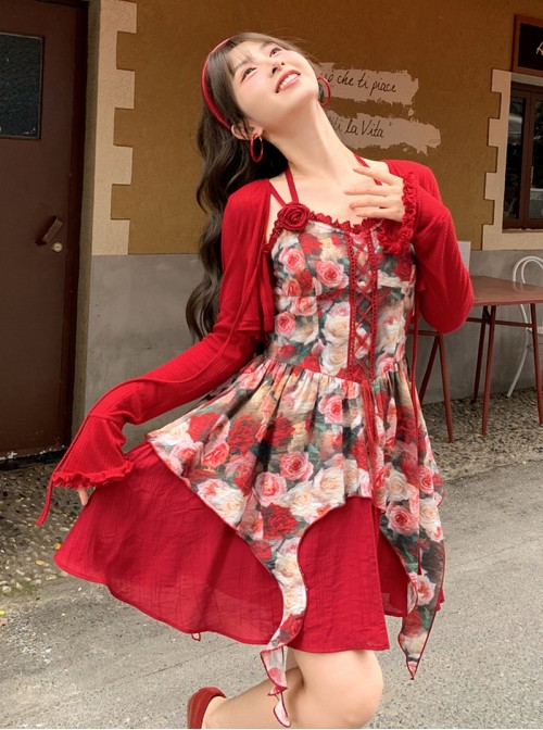 Summer Elegant French Daily Kawaii Fashion Romantic Red Tie V Neck Long Sleeve Cardigan