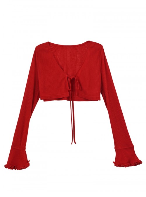 Summer Elegant French Daily Kawaii Fashion Romantic Red Tie V Neck Long Sleeve Cardigan