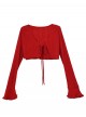 Summer Elegant French Daily Kawaii Fashion Romantic Red Tie V Neck Long Sleeve Cardigan