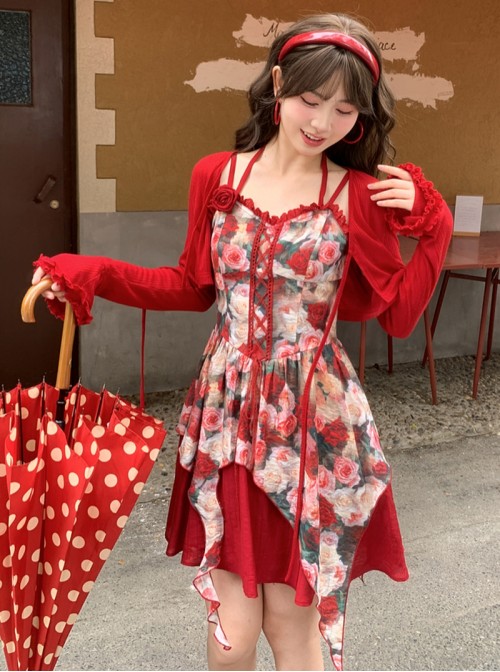 Summer Elegant French Daily Kawaii Fashion Romantic Red Tie V Neck Long Sleeve Cardigan