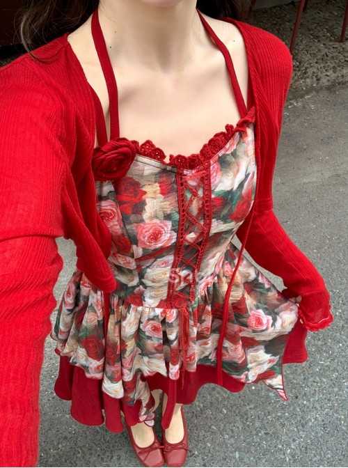 Summer Elegant French Daily Kawaii Fashion Romantic Red Tie V Neck Long Sleeve Cardigan