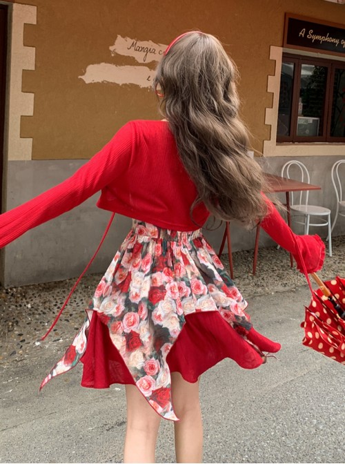 Summer Elegant French Daily Kawaii Fashion Romantic Red Tie V Neck Long Sleeve Cardigan