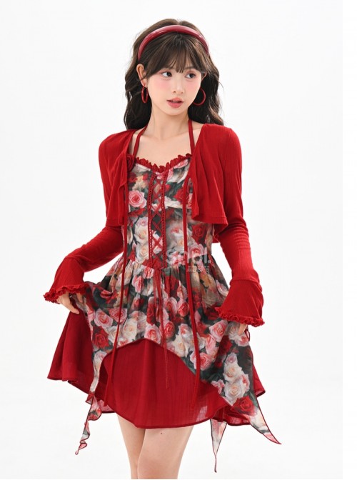 Summer Elegant French Daily Kawaii Fashion Romantic Red Tie V Neck Long Sleeve Cardigan