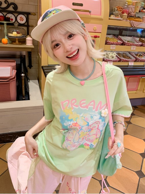 Summer Cool Fabric Kawaii Fashion Cute Cartoon Bear Loose Green Round Neck T-Shirt