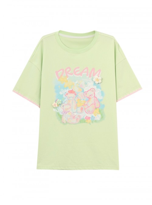 Summer Cool Fabric Kawaii Fashion Cute Cartoon Bear Loose Green Round Neck T-Shirt
