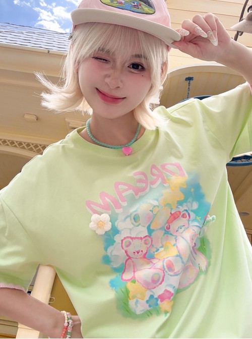 Summer Cool Fabric Kawaii Fashion Cute Cartoon Bear Loose Green Round Neck T-Shirt