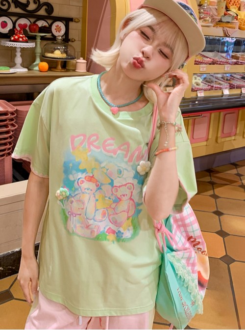 Summer Cool Fabric Kawaii Fashion Cute Cartoon Bear Loose Green Round Neck T-Shirt