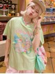 Summer Cool Fabric Kawaii Fashion Cute Cartoon Bear Loose Green Round Neck T-Shirt