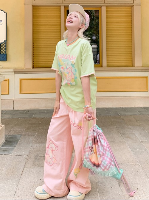 Summer Cool Fabric Kawaii Fashion Cute Cartoon Bear Loose Green Round Neck T-Shirt