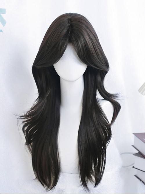 Tea Melody Series Classic Lolita Elegant French Black Tea Color Mid Split Large Curl Bangs Long Wig