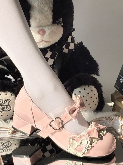 Mousse Cake Series Sweet Lolita Bowknot Heart Button Cute Round Toe Low Heel Mary Jane PU Shoes