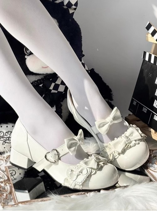 Mousse Cake Series Sweet Lolita Bowknot Heart Button Cute Round Toe Low Heel Mary Jane PU Shoes