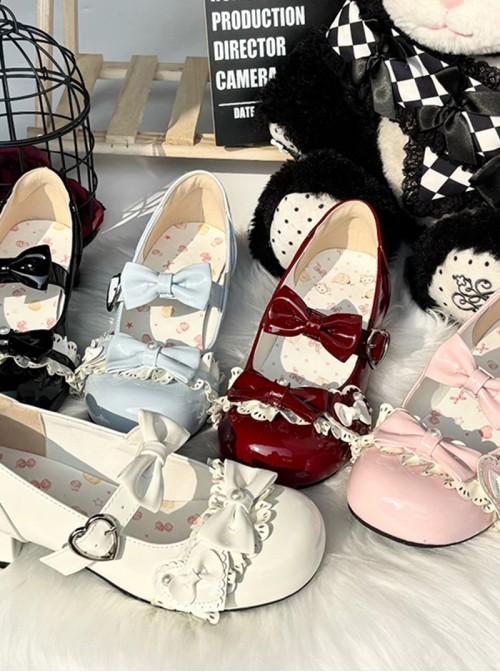 Mousse Cake Series Sweet Lolita Bowknot Heart Button Cute Round Toe Low Heel Mary Jane PU Shoes