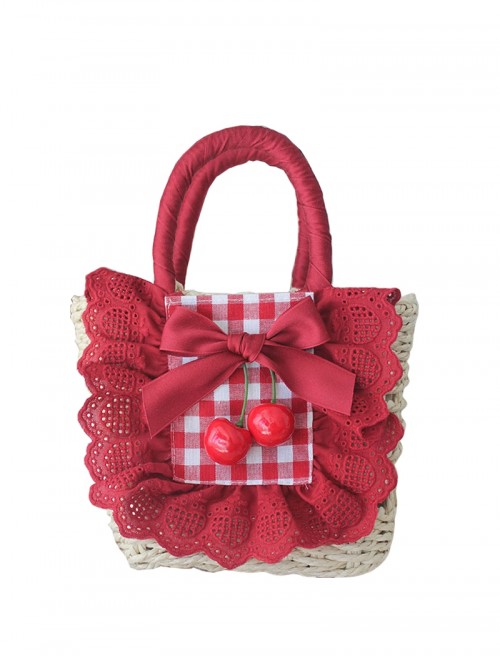 Cherry Ripe Series Sweet Lolita Red Plaid Lace Ruffle Ribbon Bowknot Crossbody Handbag