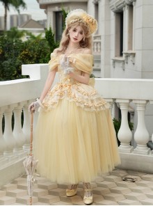 Sissi Parade Series Classic Lolita Yellow Corset Cape Long Tulle Skirt Bowknot Bonnet Headpiece Set
