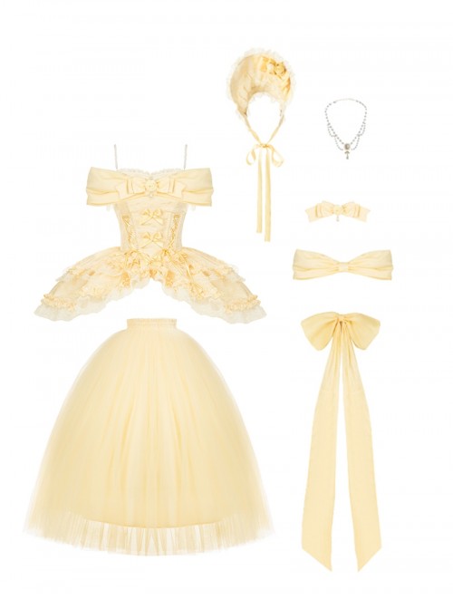 Sissi Parade Series Classic Lolita Yellow Corset Cape Long Tulle Skirt Bowknot Bonnet Headpiece Set