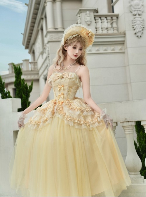 Sissi Parade Series Classic Lolita Yellow Corset Cape Long Tulle Skirt Bowknot Bonnet Headpiece Set