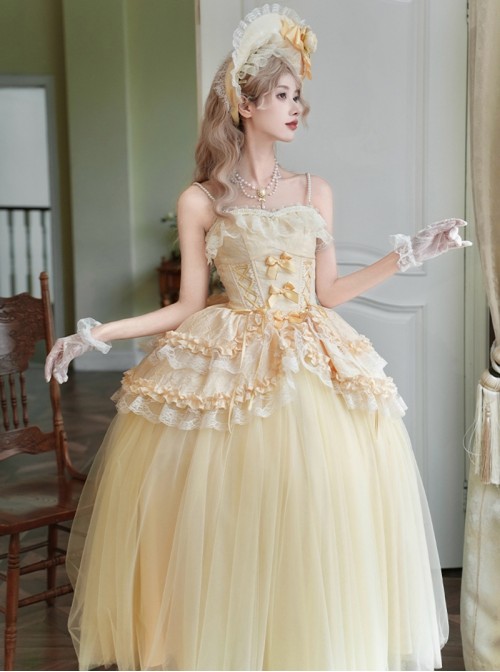 Sissi Parade Series Classic Lolita Yellow Corset Cape Long Tulle Skirt Bowknot Bonnet Headpiece Set