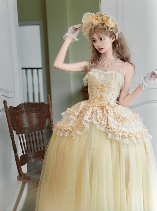 Sissi Parade Series Classic Lolita Yellow Corset Cape Long Tulle Skirt Bowknot Bonnet Headpiece Set