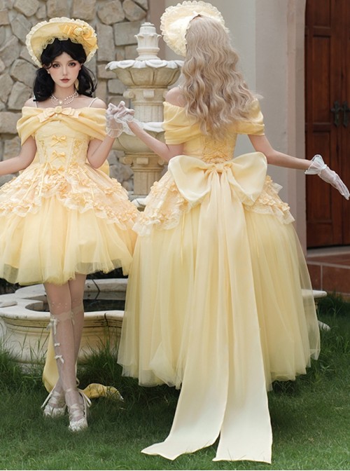 Sissi Parade Series Classic Lolita Yellow Corset Cape Long Tulle Skirt Bowknot Bonnet Headpiece Set