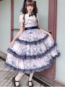 Accumulated Cloud Series Classic Lolita Deep Blue Summer Chiffon Multi Layered Cloud Print Camisole Dress