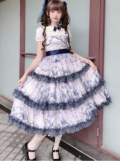 Accumulated Cloud Series Classic Lolita Deep Blue Summer Chiffon Multi Layered Cloud Print Camisole Dress