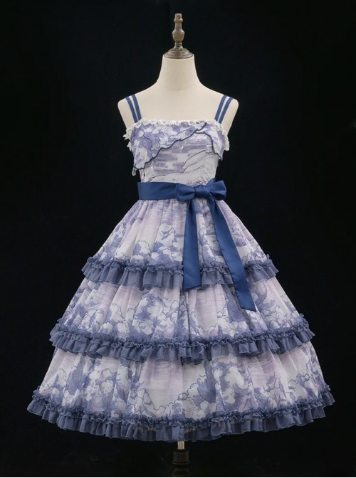 Accumulated Cloud Series Classic Lolita Deep Blue Summer Chiffon Multi Layered Cloud Print Camisole Dress