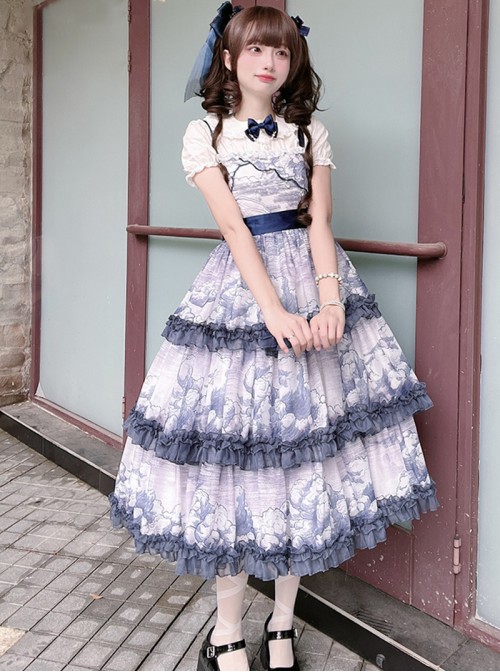 Accumulated Cloud Series Classic Lolita Deep Blue Summer Chiffon Multi Layered Cloud Print Camisole Dress