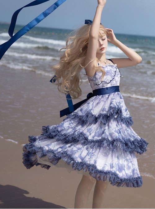 Accumulated Cloud Series Classic Lolita Deep Blue Summer Chiffon Multi Layered Cloud Print Camisole Dress