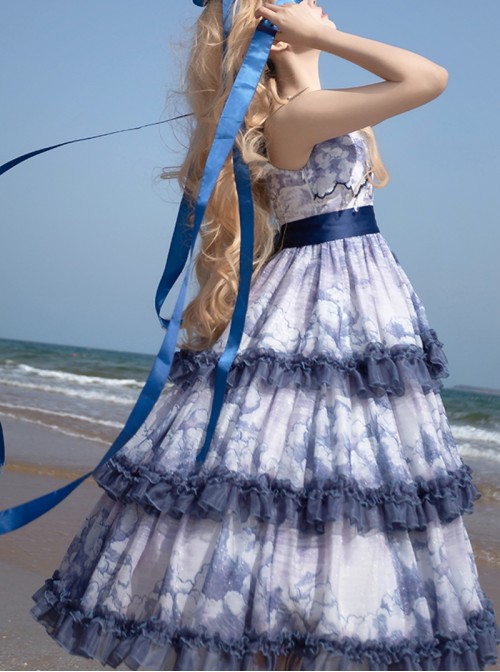 Accumulated Cloud Series Classic Lolita Deep Blue Summer Chiffon Multi Layered Cloud Print Camisole Dress