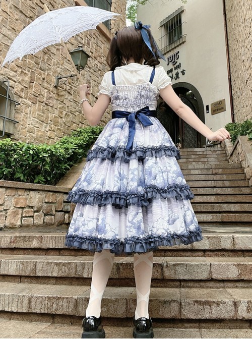 Accumulated Cloud Series Classic Lolita Deep Blue Summer Chiffon Multi Layered Cloud Print Camisole Dress