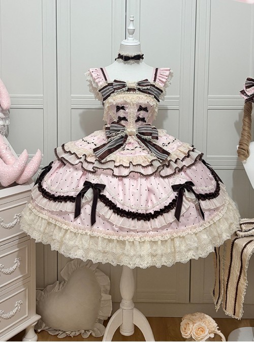 Chocolate Series Sweet Lolita Pink Polka Dot Lace Big Bowknot Cake Sleeveless Dress