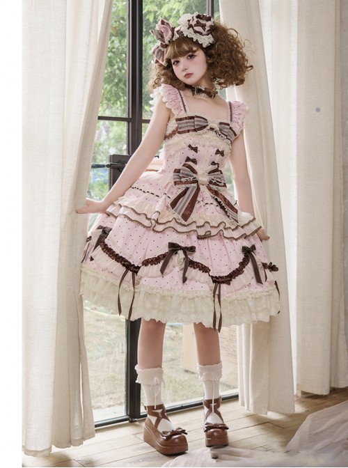 Chocolate Series Sweet Lolita Pink Polka Dot Lace Big Bowknot Cake Sleeveless Dress
