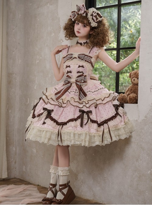Chocolate Series Sweet Lolita Pink Polka Dot Lace Big Bowknot Cake Sleeveless Dress