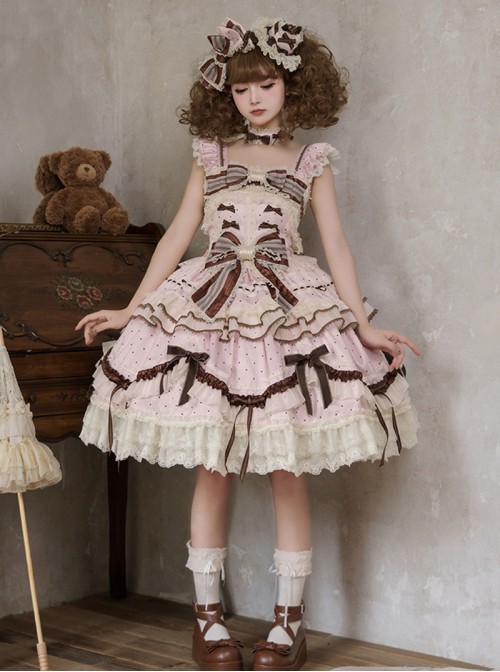 Chocolate Series Sweet Lolita Pink Polka Dot Lace Big Bowknot Cake Sleeveless Dress