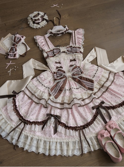 Chocolate Series Sweet Lolita Pink Polka Dot Lace Big Bowknot Cake Sleeveless Dress
