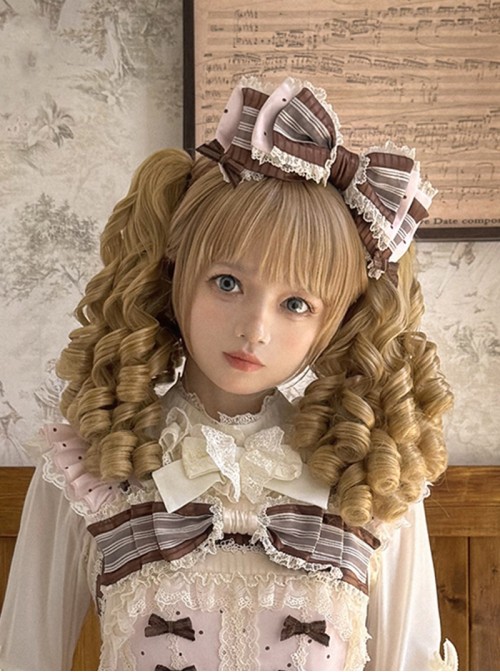 Chocolate Series Sweet Lolita Brown Exquisite Luxurious Lace Stripes Big Bowknot Hair Hoop